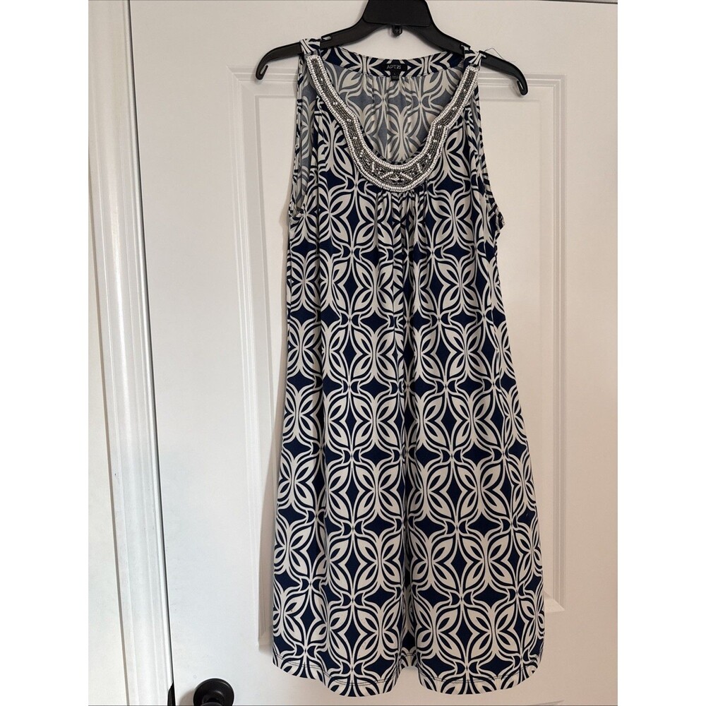 APT. 9 Blue White Geometric Trapeze Swing Midi Dress with Beaded Neckline LARGE
